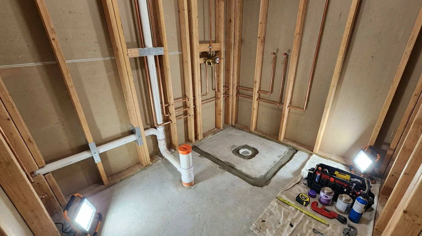 Bathroom rough-in plumbing during remodel by Johns Plumbing LLC in Genoa City