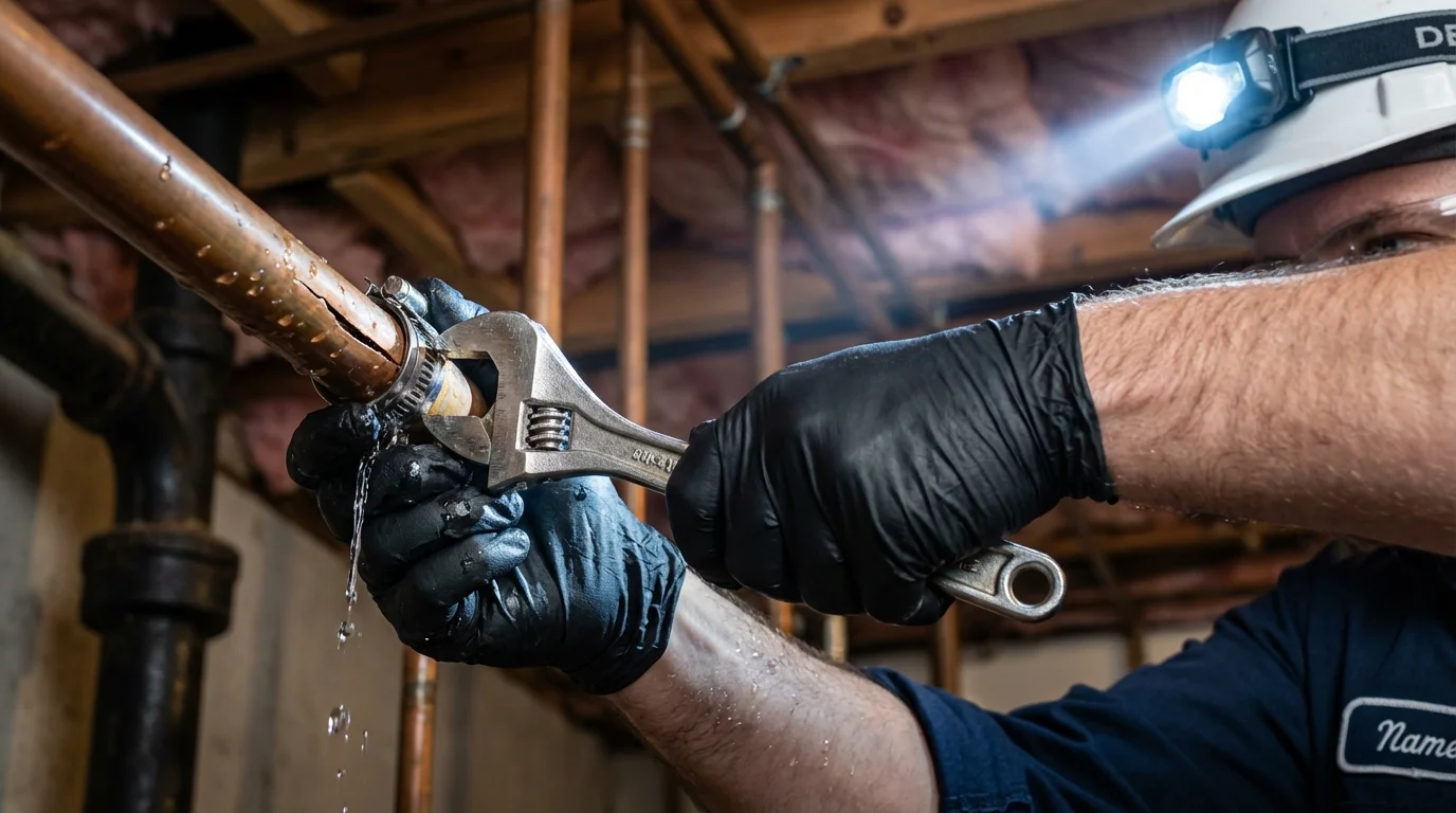 Emergency pipe clamp repair being performed by a Johns Plumbing LLC plumber in Genoa City