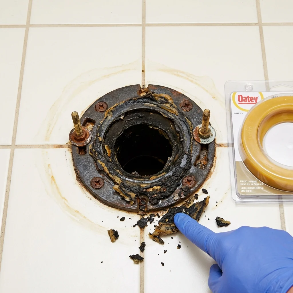 Failed wax ring showing water seepage at the base of a toilet in a Genoa City, WI home