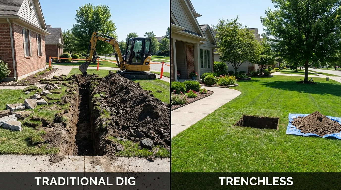 Trenchless sewer repair with minimal yard damage versus traditional excavation in Genoa City, WI