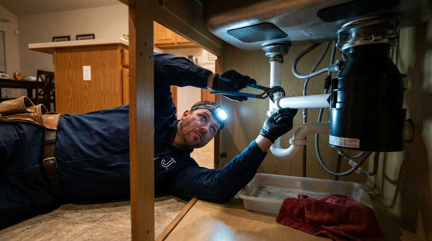 P-trap and supply line connections under a kitchen sink showing a common leak point in Genoa City, WI